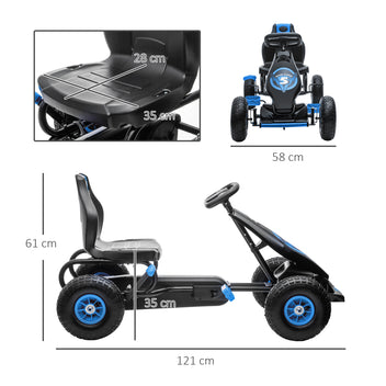 Lasten polkuautokartingauto kumirenkailla, säädettävä istuin, 5–12 v, sininen/musta