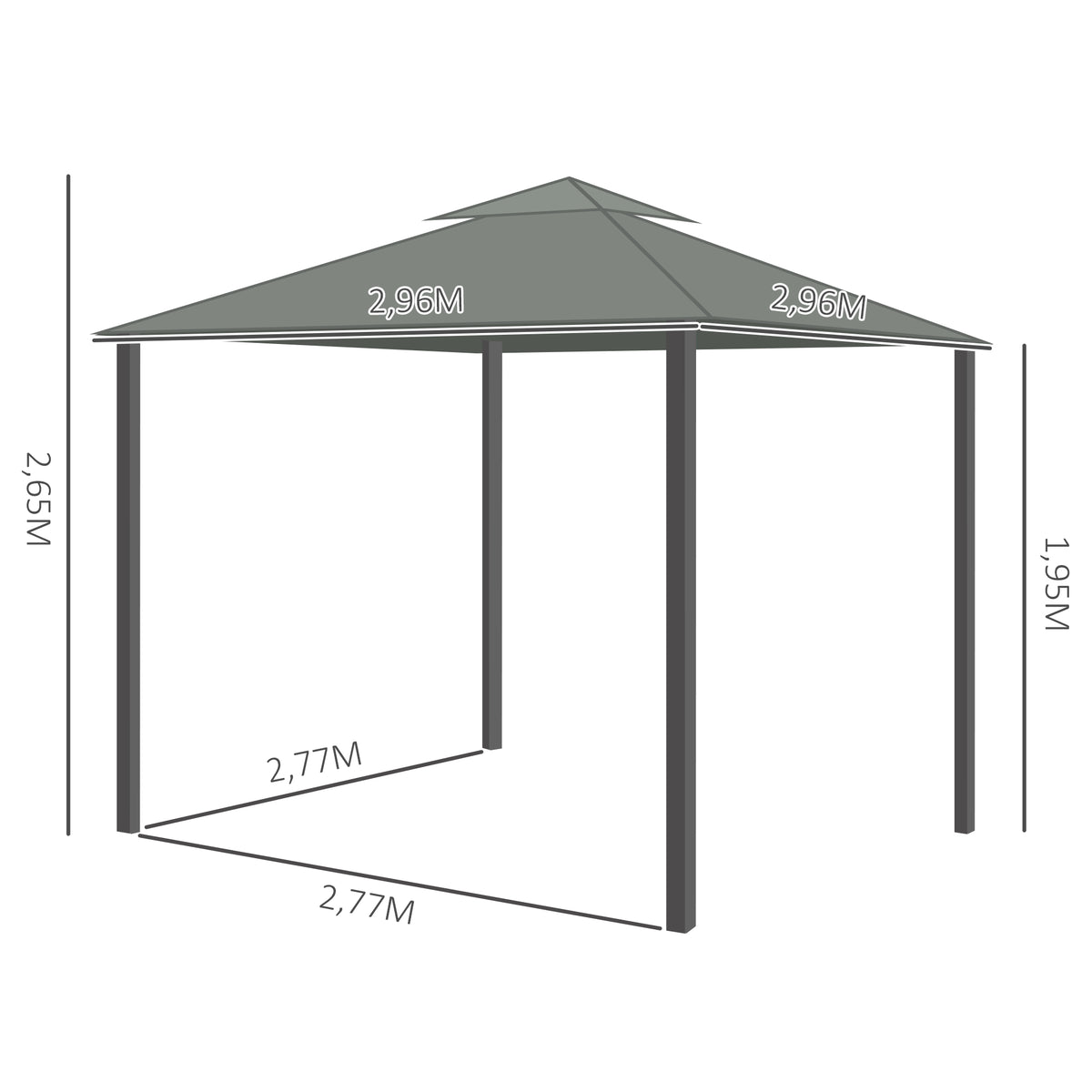 Alumiininen paviljonki 2,96 x 2,96 m verhoilla ja kaksoiskatolla, tummanharmaa