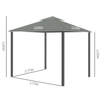 Alumiininen paviljonki 2,96 x 2,96 m verhoilla ja kaksoiskatolla, tummanharmaa