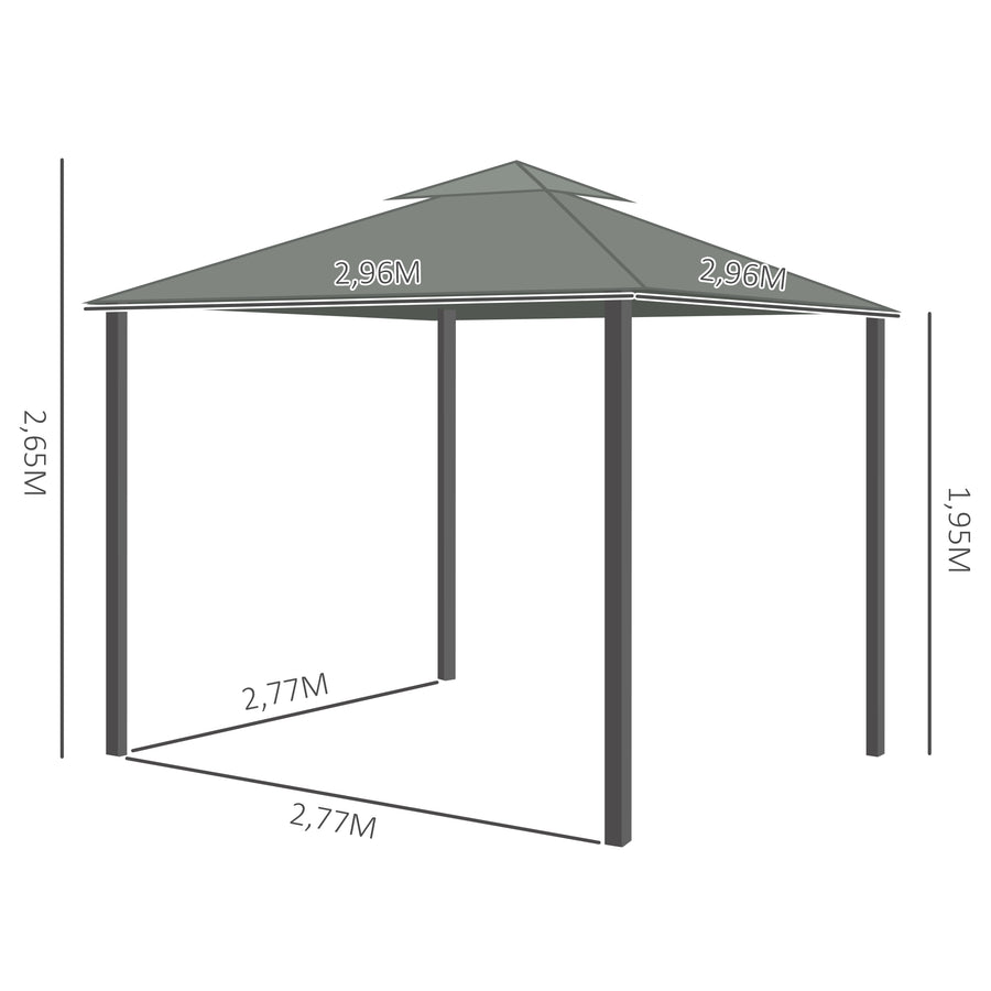 Alumiininen paviljonki 2,96 x 2,96 m verhoilla ja kaksoiskatolla, tummanharmaa