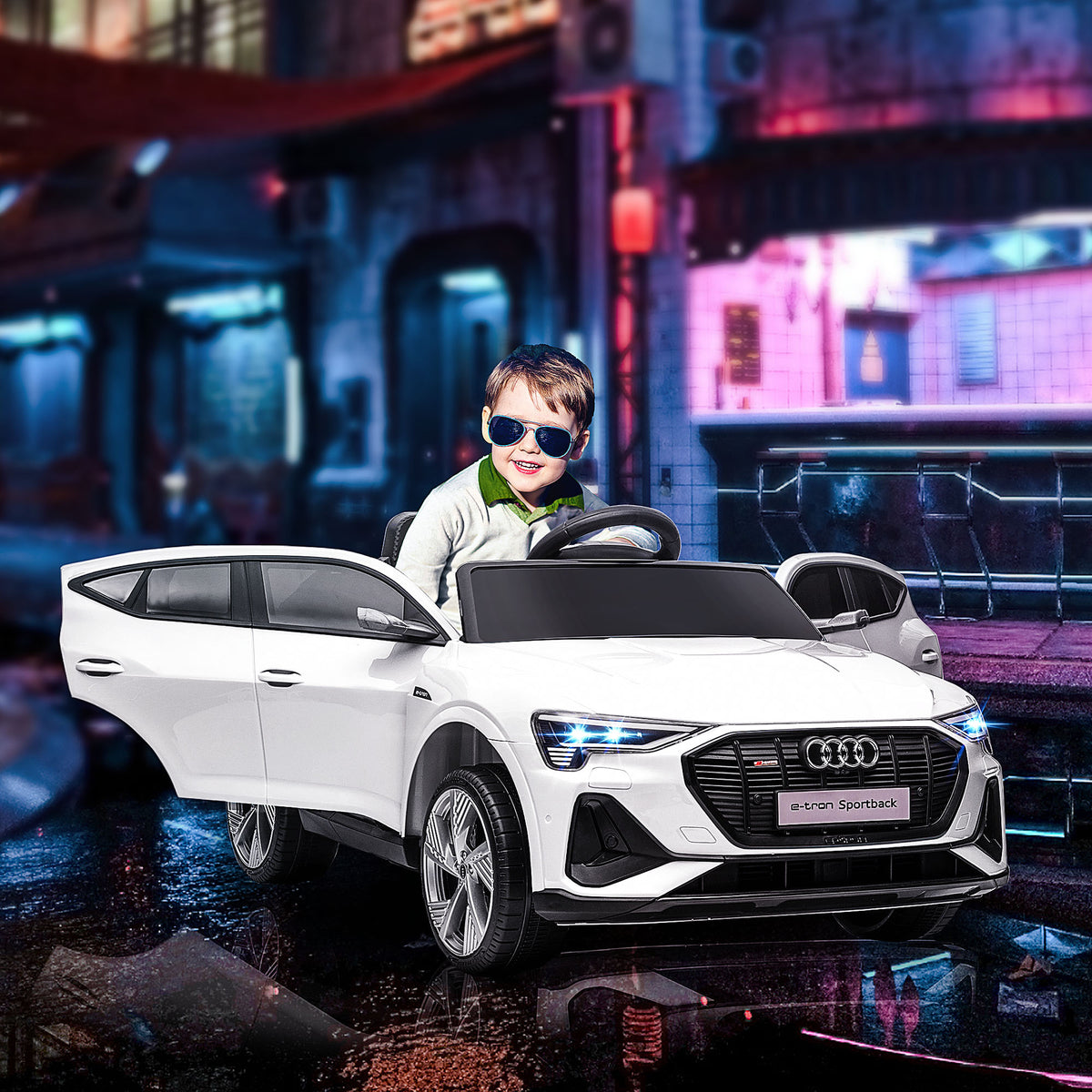 Lasten sähköauto Audi e-tron 12V, kaukosäädin, turvavyö ja musiikki, 3–5 v, valkoinen