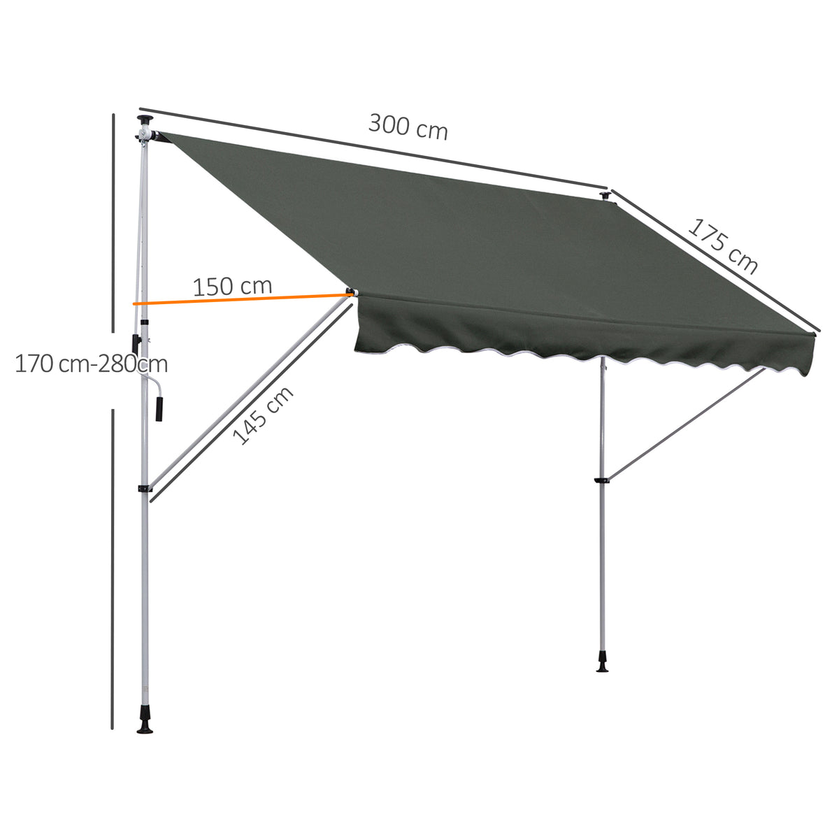 Puristustangollinen parvekemarkiisi, säädettävä 1,7–2,8 m, 3 x 1,5 m, harmaa