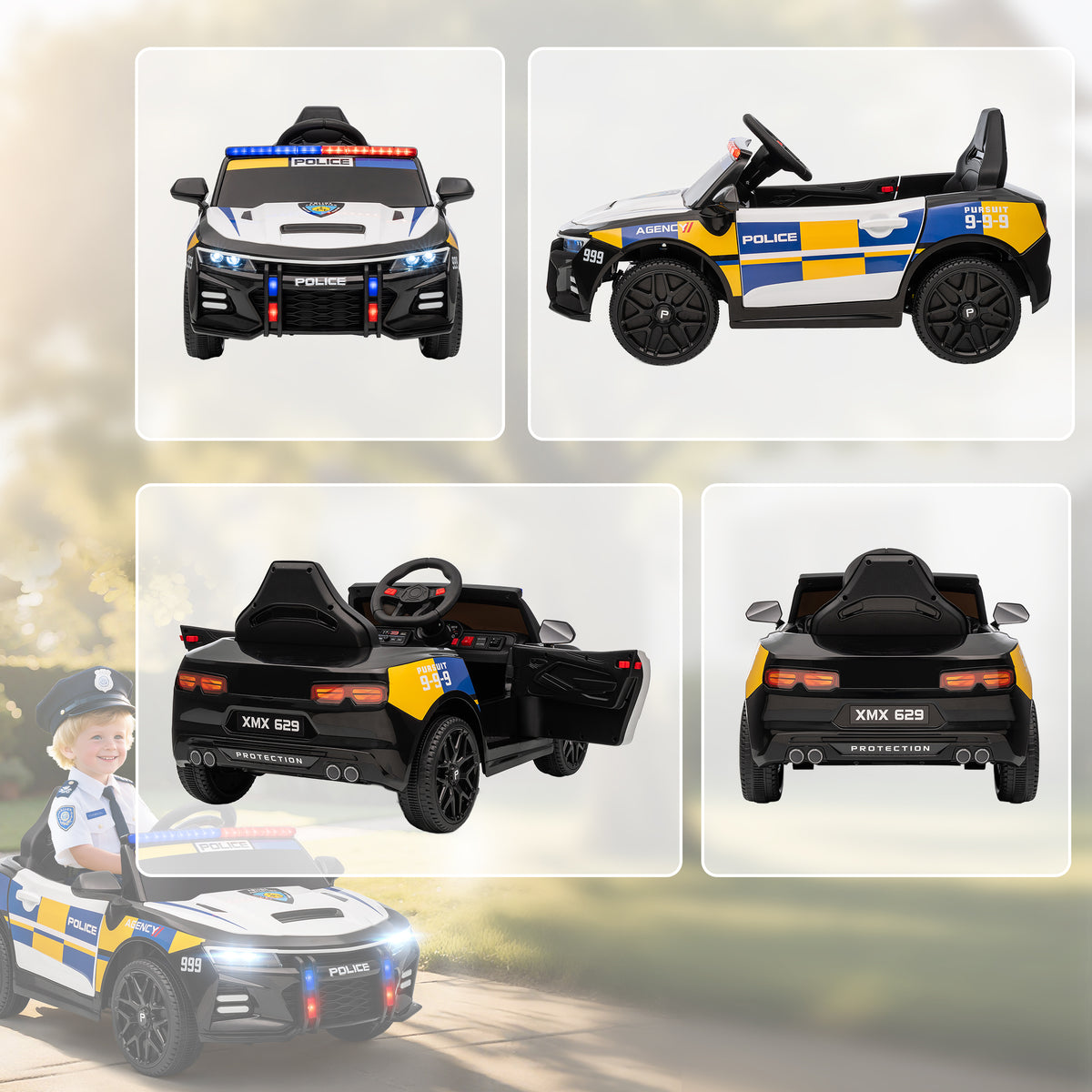 Lasten sähköpoliisiauto 12V sireenillä ja vilkkuvaloilla, kaukosäädin, jousitus, 3–5 v