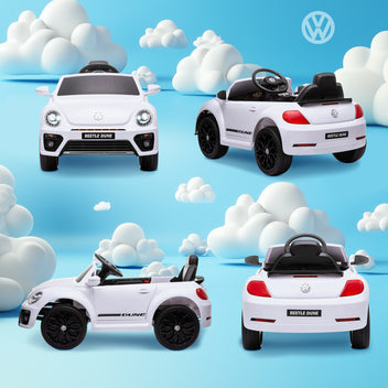 Lasten sähköauto Volkswagen Beetle 12V, kaukosäädin, radio ja musiikki, 3–5 v, valkoinen