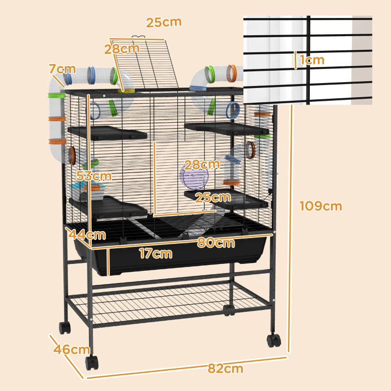 Rymlig hamsterbur med rör och plattformar – träningshjul, hydda och hjul – 109 cm
