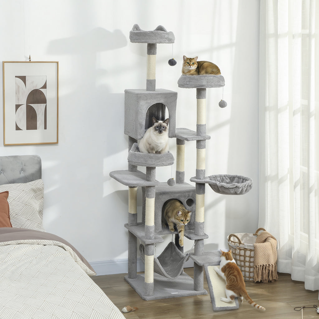 Iso kissan raapimispuu kahdella pesällä ja kahdella riippumatolla, 192 cm, vaaleanharmaa