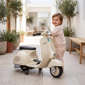 Lasten sähkömopo Vespa litiumakulla, tukipyörät, pehmeä lähtö, USB ja musiikki, 3 v+, valkoinen