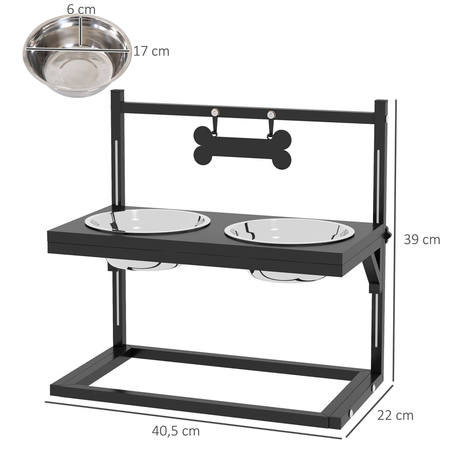 Koiran ruokintateline korkeussäädettävä 11–33 cm, 2 RST-kuppia 900 ml, nimikyltti, musta