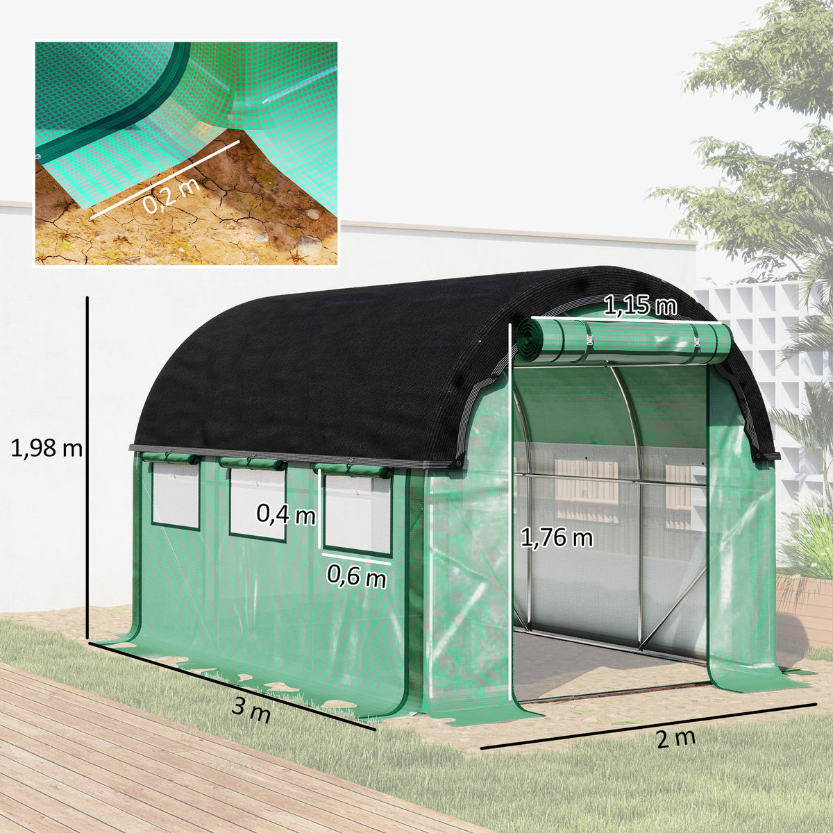 Tunnelikasvihuone varjostusverkolla ja rullattavilla sivuilla, 3 x 2 x 2 m, vihreä