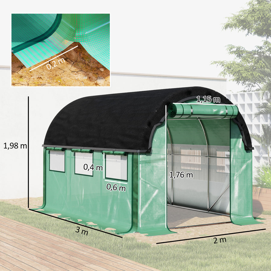 Tunnelikasvihuone varjostusverkolla ja rullattavilla sivuilla, 3 x 2 x 2 m, vihreä