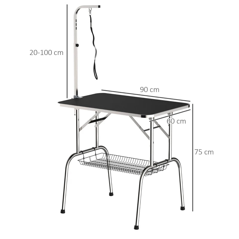 Koiran trimmauspöytä 90 x 60 cm liukumattomalla tasolla, säädettävällä trimmausvarrella ja alahyllyllä, musta