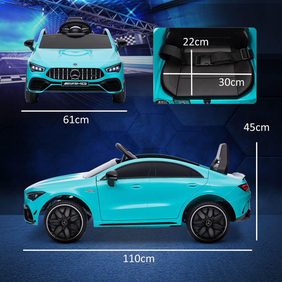 Lasten sähköauto Mercedes-AMG CLA 45, kaukosäädin, jousitus ja LED-valot, 3–6 v, vaaleansininen