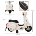 Lasten sähkömopo Vespa 6V irrotettavilla tukipyörillä, ajovalo ja äänitorvi, 1,5–3 v, valkoinen