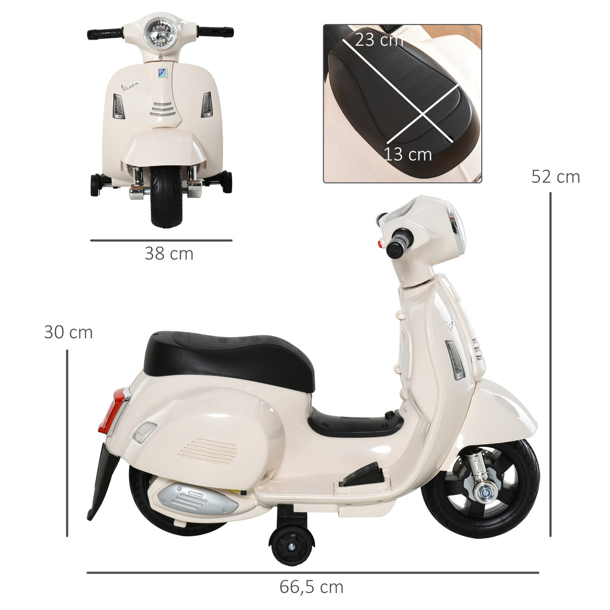 Lasten sähkömopo Vespa 6V irrotettavilla tukipyörillä, ajovalo ja äänitorvi, 1,5–3 v, valkoinen