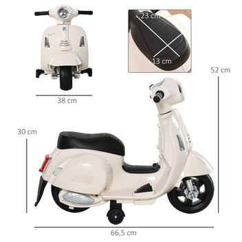 Lasten sähkömopo Vespa 6V irrotettavilla tukipyörillä, ajovalo ja äänitorvi, 1,5–3 v, valkoinen