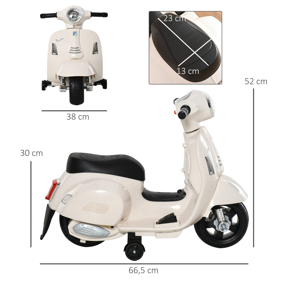 Lasten sähkömopo Vespa 6V irrotettavilla tukipyörillä, ajovalo ja äänitorvi, 1,5–3 v, valkoinen