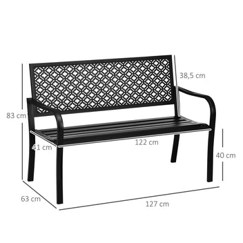 Metallinen puutarhapenkki kukkakuvioinnilla ja käsinojilla, 127 cm, musta