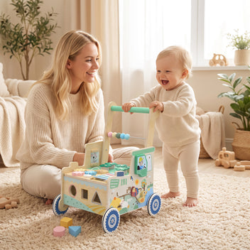 Kävelyvaunu puusta palikoilla ja säilytystilalla, Montessori-leikkikeskus, 1–3 v, vihreä