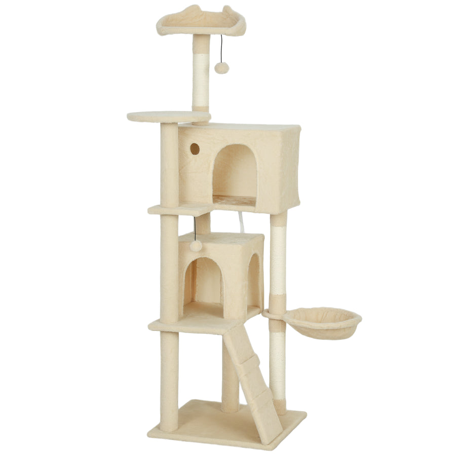Kissan raapimispuu kahdella pesällä, riippumatolla ja tikkailla, 160 cm, beige