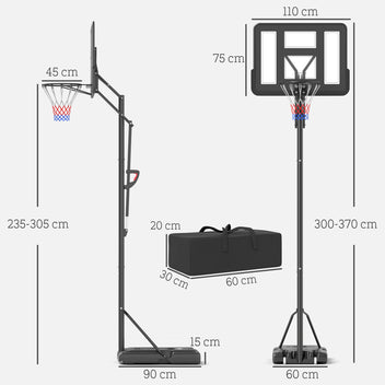 Koripalloteline, korin korkeus 235–305 cm, joustava kori, taulu 110 x 75 cm, musta