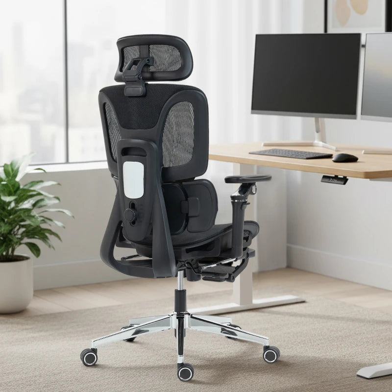 Ergonomisk kontorsstol med fotstöd – justerbart rygg- och nackstöd, 6D-armstöd, ventilerande nät