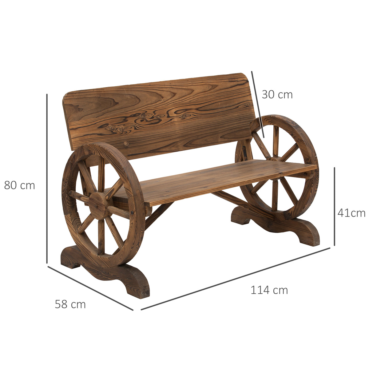 Puinen puutarhapenkki vaunupyöräkäsinojilla, 2-istuttava, 114 cm, tummanruskea
