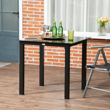 Neliönmallinen puutarhapöytä lasikannella ja alumiinirungolla, 80 x 80 cm, musta