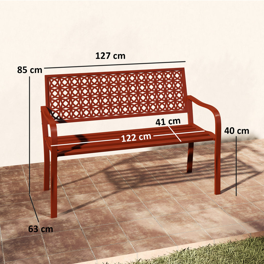Teräksinen puutarhapenkki koristeellisella selkänojalla, 2-istuttava, 127 cm, punainen