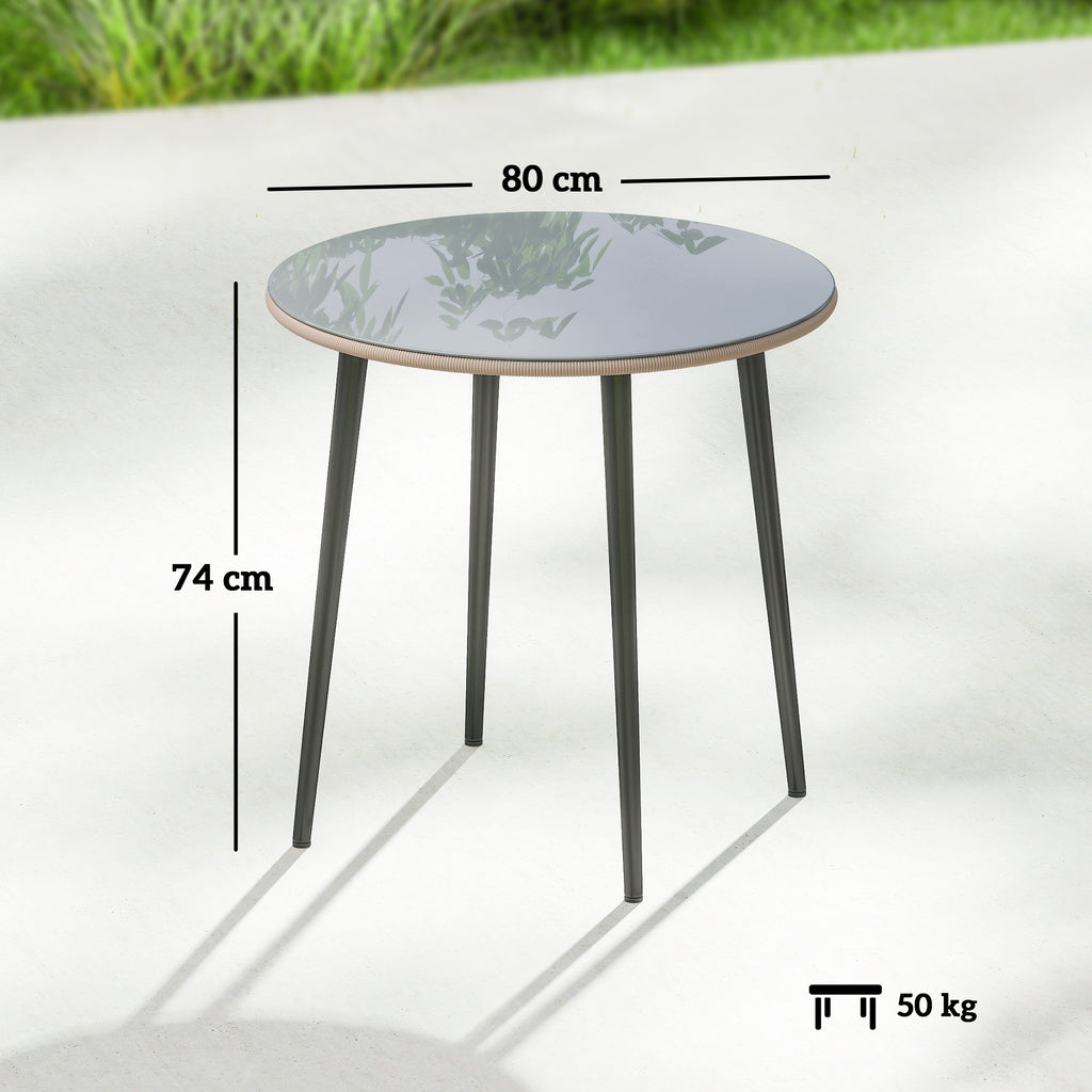 Pyöreä lasikantinen puutarhapöytä rottinkireunuksella, Ø80 cm, harmaa