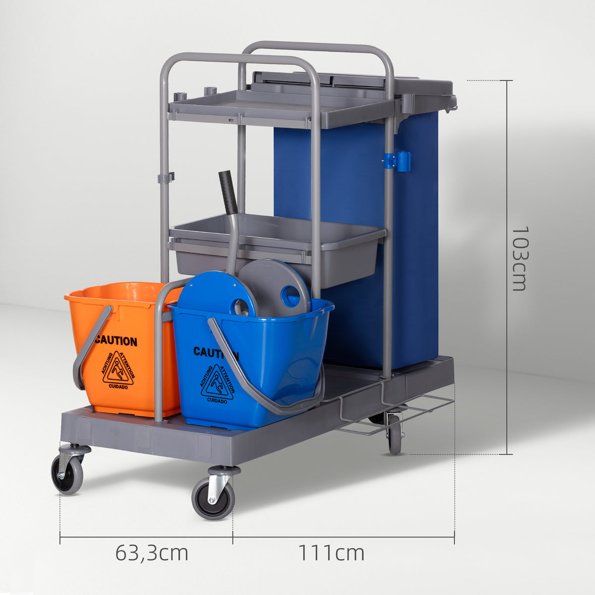 Siivousvaunu 3 tasolla, puristin ja 2 x 18 l ämpärit, jätesäkki, 4 pyörää, harmaa/sininen