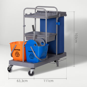 Siivousvaunu 3 tasolla, puristin ja 2 x 18 l ämpärit, jätesäkki, 4 pyörää, harmaa/sininen