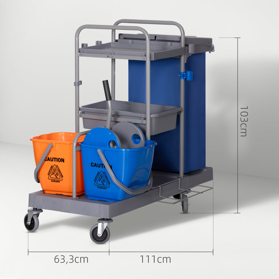 Siivousvaunu 3 tasolla, puristin ja 2 x 18 l ämpärit, jätesäkki, 4 pyörää, harmaa/sininen