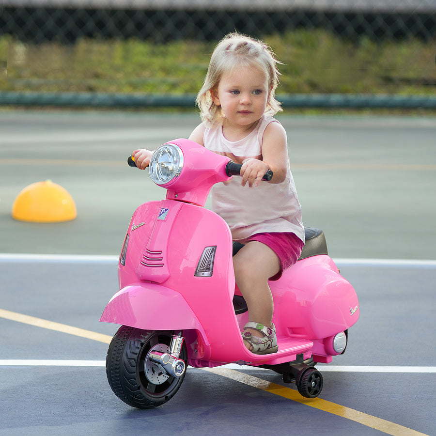 Lasten sähkömopo Vespa 6V irrotettavilla tukipyörillä, ajovalo ja äänitorvi, 1,5–3 v, pinkki