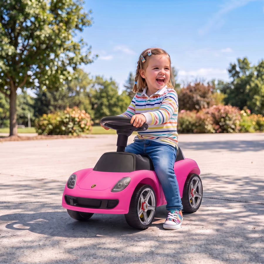 Lasten potkuauto Porsche, ajovalot, äänitorvi ja käynnistysääni, 18–36 kk, pinkki