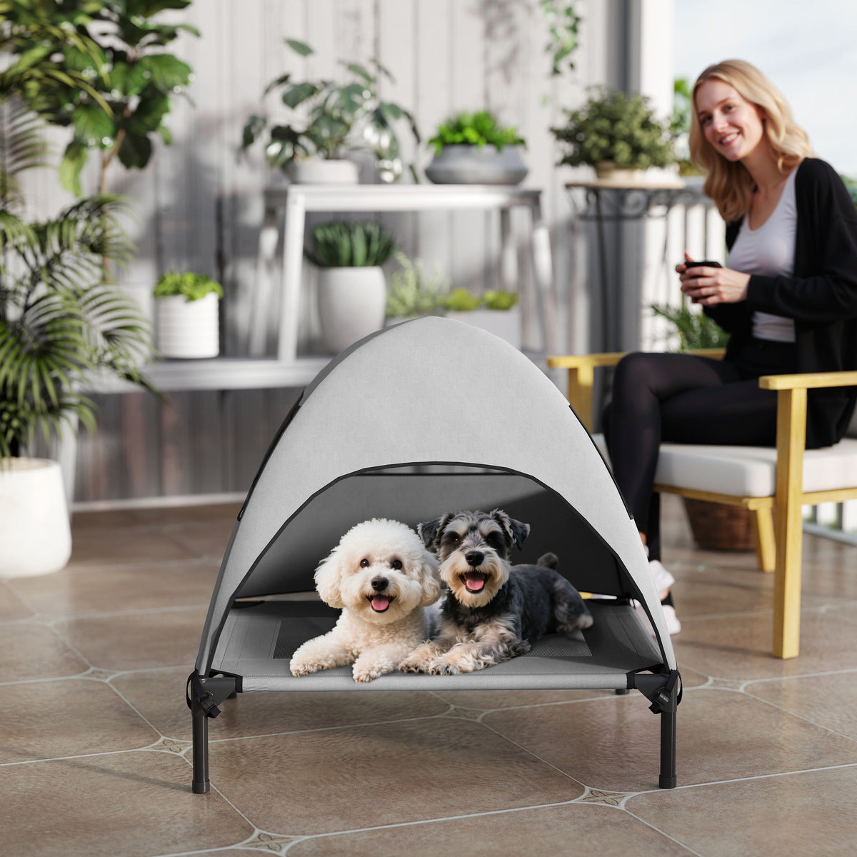 Koiran kenttäpeti irrotettavalla katoksella, korotettu 18 cm, keskikokoisille, 76 x 61 x 71 cm, vaaleanharmaa