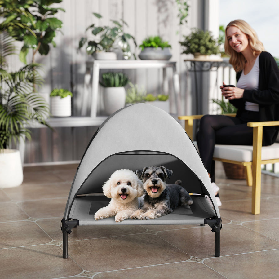 Koiran kenttäpeti irrotettavalla katoksella, korotettu 18 cm, keskikokoisille, 76 x 61 x 71 cm, vaaleanharmaa