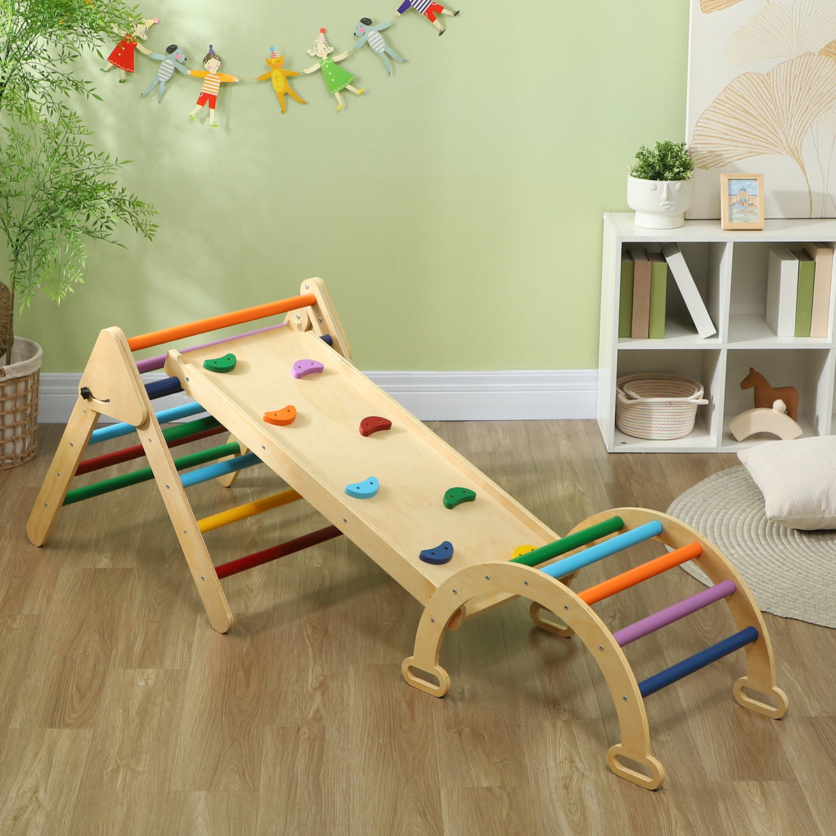 Kiipeilykolmio 5-in-1 rampilla ja kaarisillalla, puu, 18–48 kk