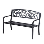 Metallinen puutarhapenkki Welcome-koristeella, 2-istuttava, 127 cm, musta