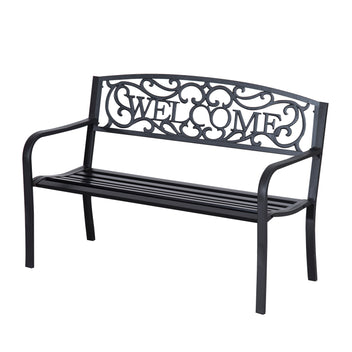 Metallinen puutarhapenkki Welcome-koristeella, 2-istuttava, 127 cm, musta