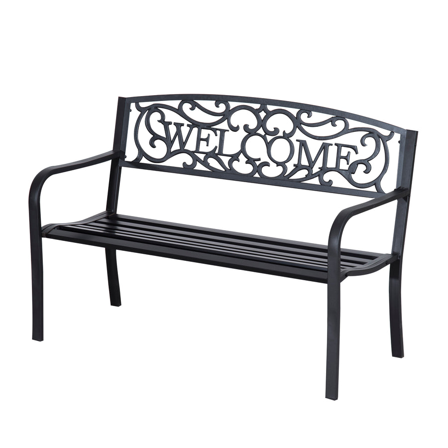 Metallinen puutarhapenkki Welcome-koristeella, 2-istuttava, 127 cm, musta