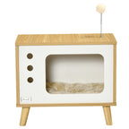 Kissanpesä vanhan television muodossa, pestävä tyyny ja lelu, 50 x 28 x 43 cm, tammi