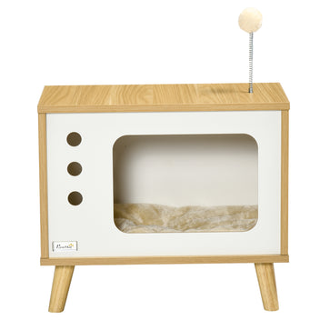 Kissanpesä vanhan television muodossa, pestävä tyyny ja lelu, 50 x 28 x 43 cm, tammi