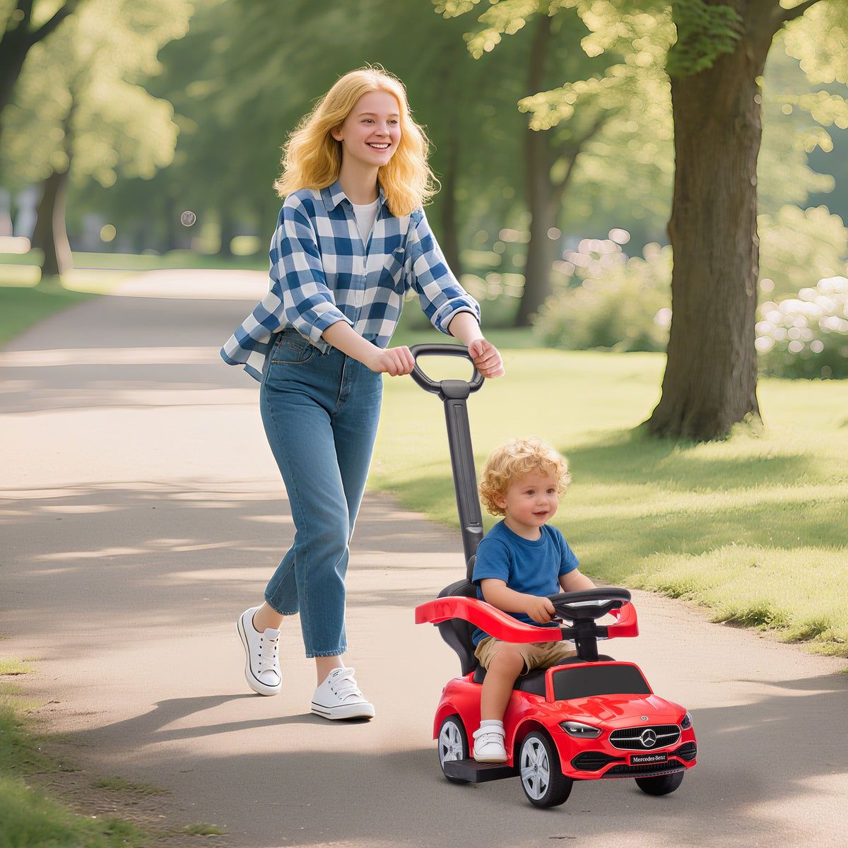 Lasten potkuauto työntötangolla Mercedes-Benz C-sarja, 2-in-1, turvakaide, 12–36 kk, punainen