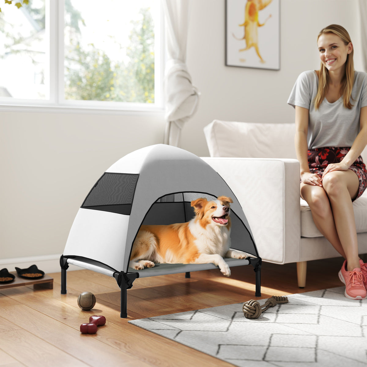 Koiran kenttäpeti irrotettavalla katoksella, korotettu 18 cm, keskikokoisille, 76 x 61 x 71 cm, vaaleanharmaa