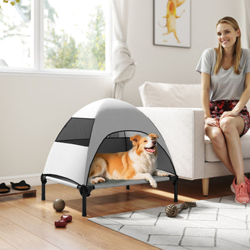 Koiran kenttäpeti irrotettavalla katoksella, korotettu 18 cm, keskikokoisille, 76 x 61 x 71 cm, vaaleanharmaa