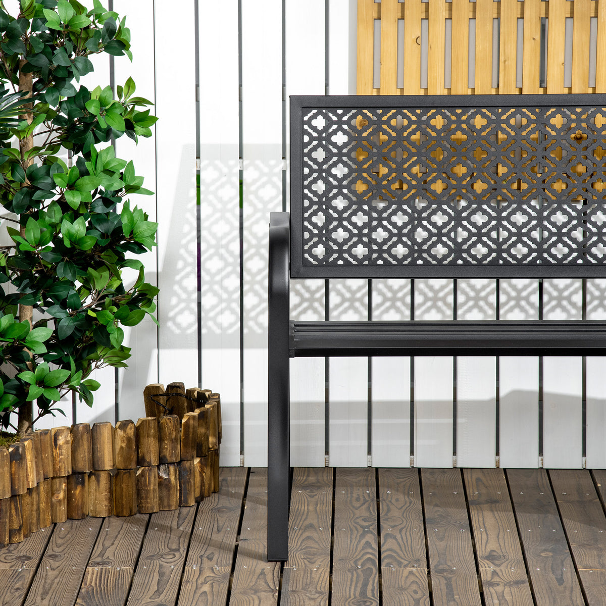 Metallinen puutarhapenkki kukkakuvioinnilla ja käsinojilla, 127 cm, musta
