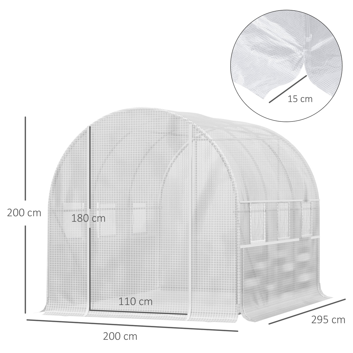 Tunnelikasvihuone rullattavilla sivuseinillä ja kuudella ikkunalla, 2,95 x 2 x 2 m, valkoinen