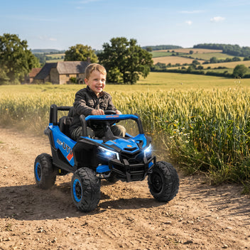 Lasten sähkömaastoauto UTV 12V, kaukosäädin, jousitus ja LED, 3–7 km/h, 3–5 v, sininen
