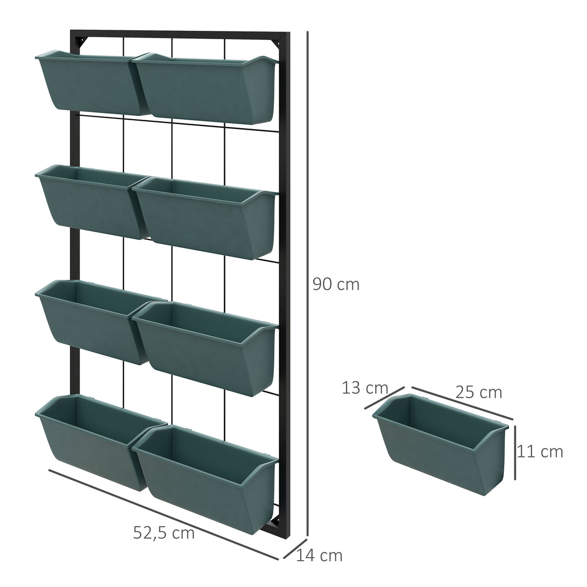 Seinäistutusteline kahdeksalla laatikolla, 52,5 x 14 x 90 cm, tummanvihreä/musta