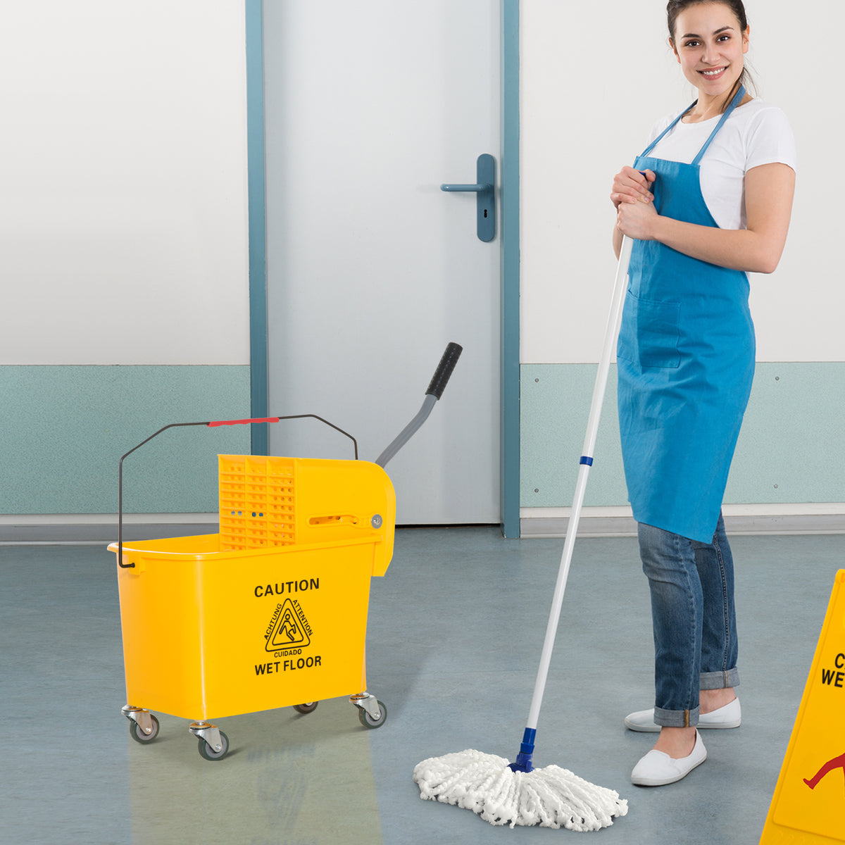 Moppiämpäri 20 l puristimella ja kahvalla, pyörät, muovi, keltainen